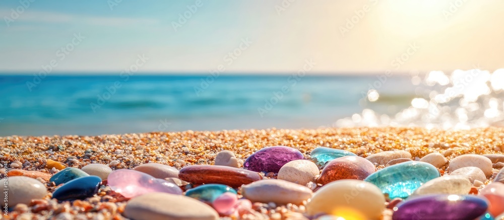 Poster colorful pebbles on a sandy beach with sunlight reflecting on water creating a serene and tranquil c