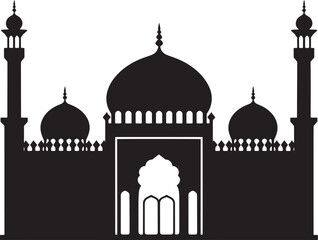 Black Mosque Silhouette with Minarets and Crescent Moon Ideal for Eid Celebration Decor and Islamic Art. Islamic Mosque icon vector art.