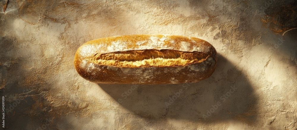 Poster artistic flat lay of a fresh baked bread loaf on a rustic textured plaster background with soft natu