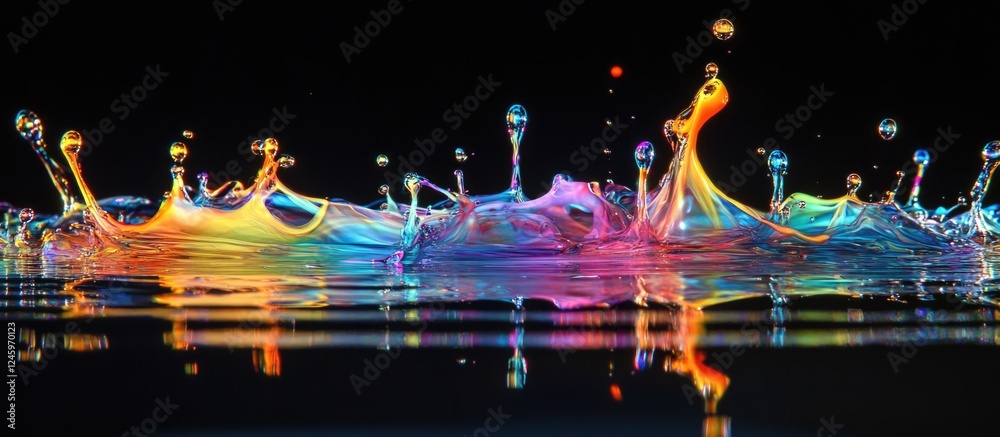 Aufkleber vibrant ink droplets colliding in water creating colorful splashes against a dark background showcas