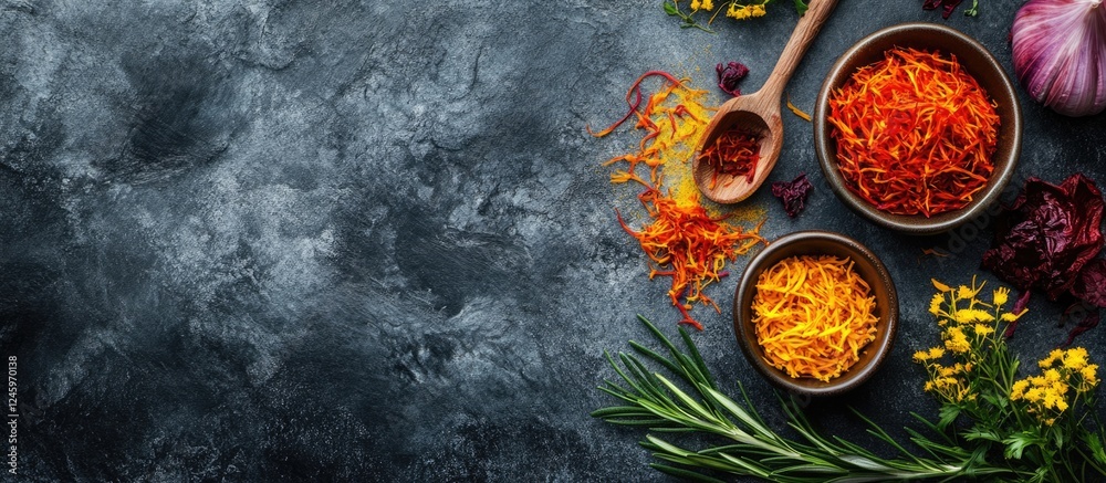 Poster saffron threads arranged in bowls with fresh herbs and vegetables on a dark textured background for 
