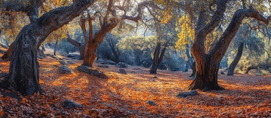 Serene autumn landscape with dry oak leaves covering the ground in a Quercus vulcanica forest showcasing vibrant seasonal colors