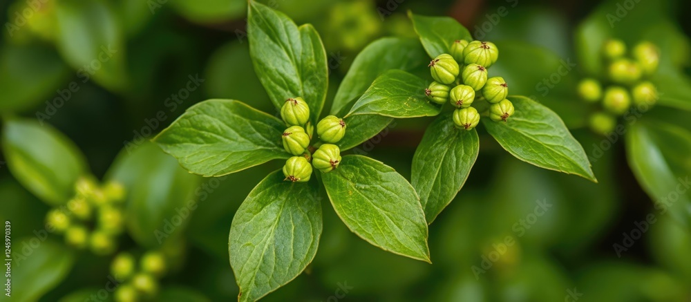 Poster common european creeping ivy with unripe berries and green leaves in spring captured from above with
