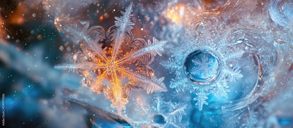 Aufkleber frozen water crystals and snowflake formations on glass creating an ethereal winter space concept wi