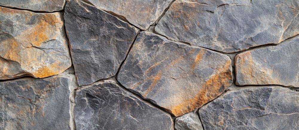 Poster textured natural stone wall with varied colors and shapes for architectural and design backgrounds.