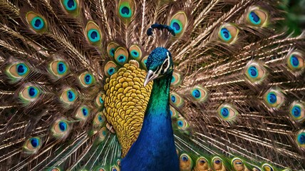 Obraz premium Closeup of a Peacock Displaying its Vibrant Blue Green and Gold Feathers