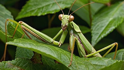Closeup of Green Praying Mantis on Lush Green Leaves