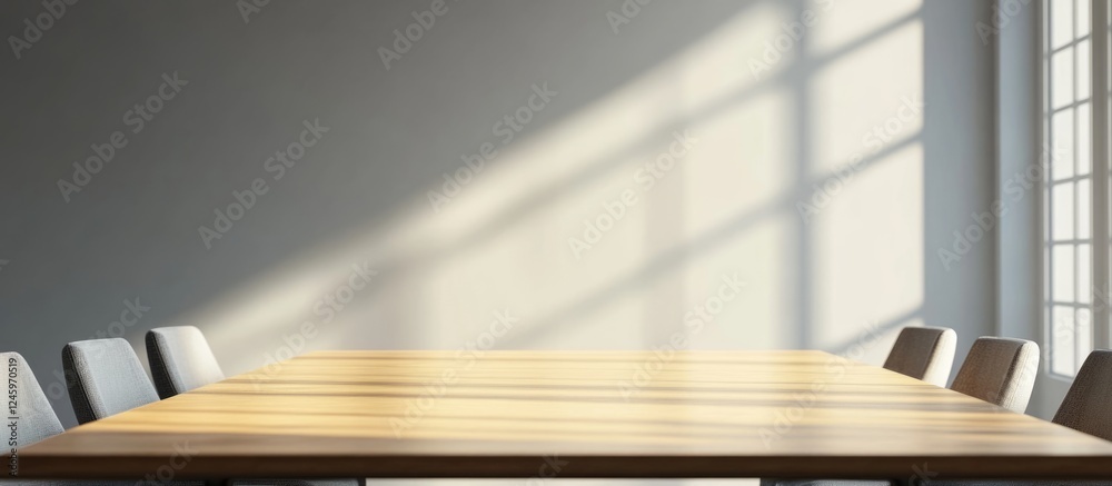 Poster Modern conference room setting with wooden table and empty wall space for adding text or branding elements in a professional environment