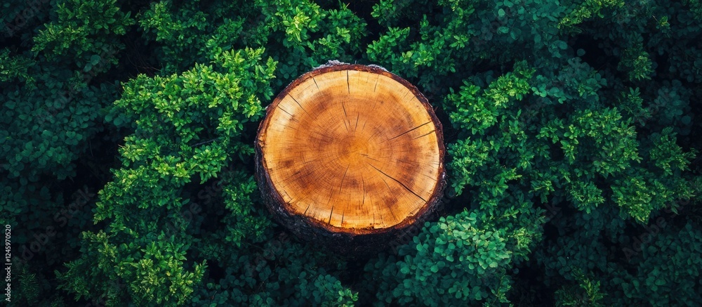 Poster Aerial view of a cut tree stump surrounded by lush green foliage in a forest setting showcasing nature's cycles and regeneration.