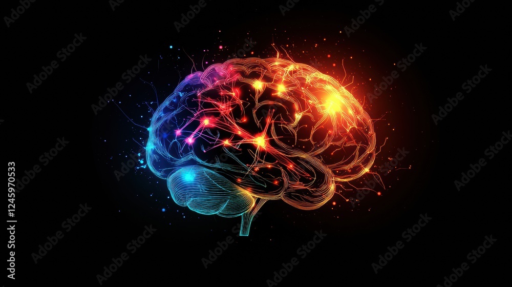 Aufkleber scientific depiction of the brain featuring glowing neurons and electrical pulses in a vibrant and c