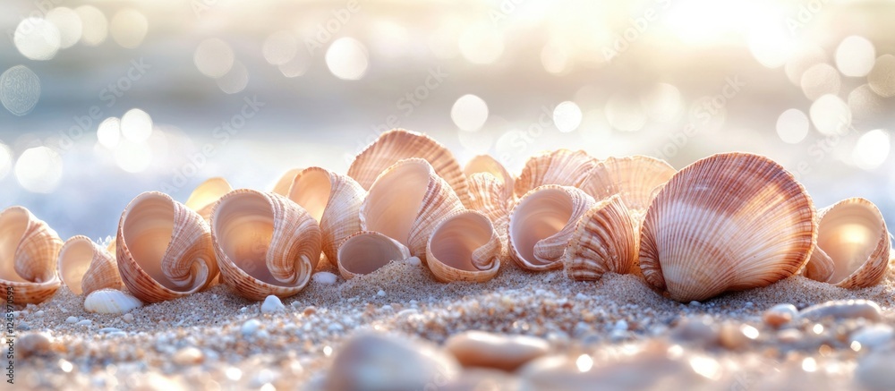 Aufkleber Empty common cockle shells arranged on sandy beach with soft sunlight and bokeh effect highlighting coastal beauty in Norway.