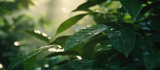 Fototapeta premium Morning dew glistening on lush green leaves in a soft sunlight setting, capturing the serenity of nature's beauty and tranquility.