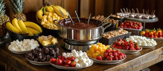 Fototapeta premium Delicious chocolate fondue arrangement with various fruits and sweets for a delightful dessert experience