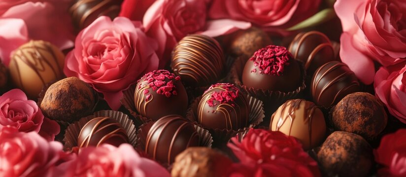 National Truffle Day celebration with assorted chocolates and roses creating a romantic and indulgent atmosphere for sweet lovers. - Powered by Adobe