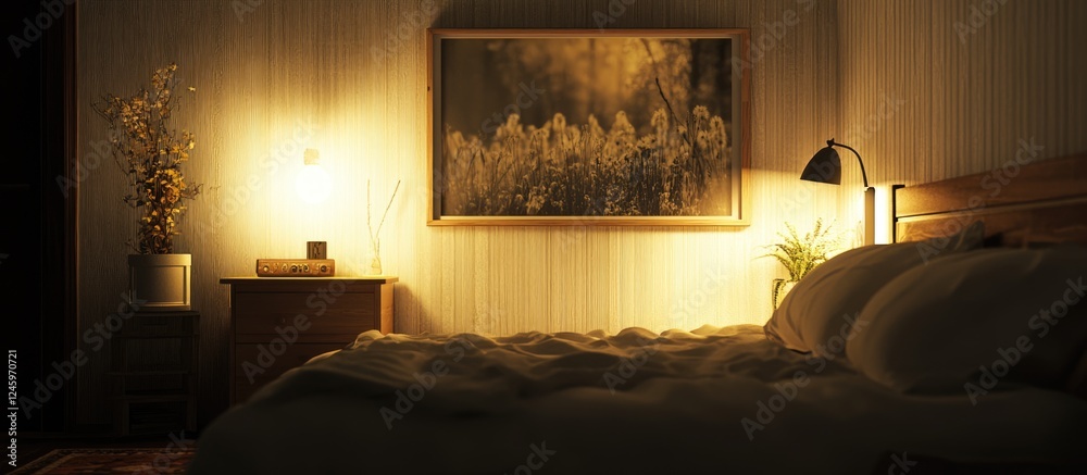 Aufkleber cozy scandinavian bedroom design with wall art warm lighting and ample empty space for creative text