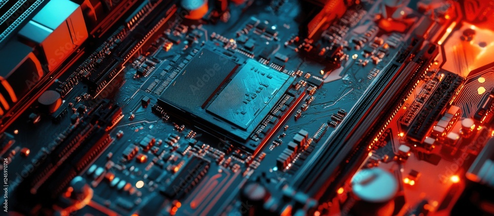 Poster Close up of computer CPU processor chip on a circuit board with vibrant red and blue lighting highlighting the intricate details of technology