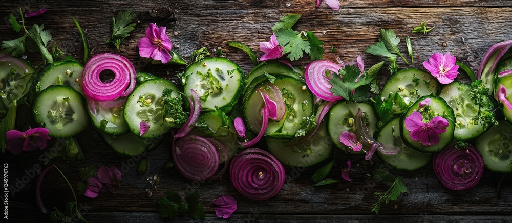 Poster cucumber salad garnished with pickled red onions and fresh cilantro on a rustic wooden background