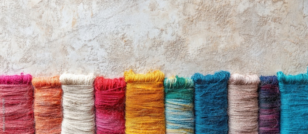 Fototapete colorful knitting threads in diverse textures and shades arranged neatly with a blank area for creat
