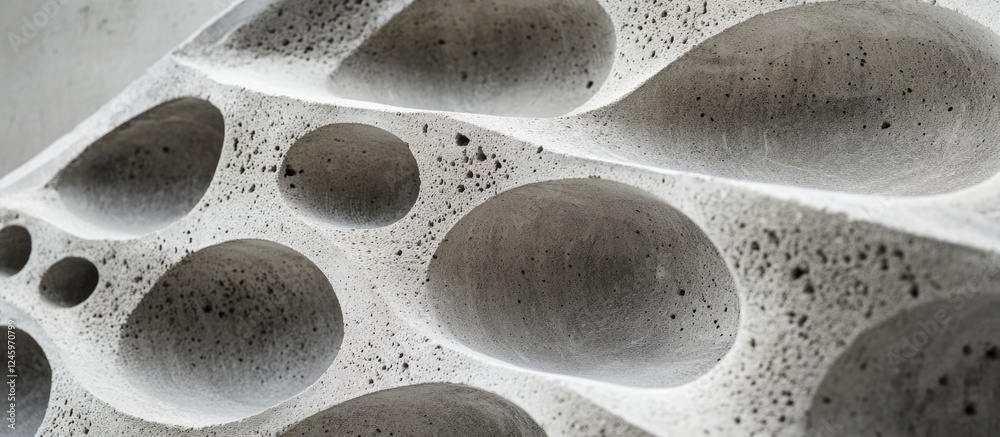 Poster Textured concrete surface showcasing unique formwork imprints with rounded cavities and an industrial aesthetic for architectural design projects.