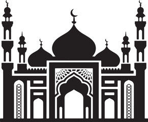 Black Mosque Silhouette with Minarets and Crescent Moon Ideal for Eid Celebration Decor and Islamic Art. Islamic Mosque icon vector art.