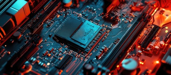 Fototapeta premium Close up of computer CPU processor chip on a circuit board with vibrant red and blue lighting highlighting the intricate details of technology