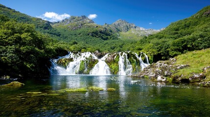 Obraz premium Mountain waterfall cascading into pool, green hills