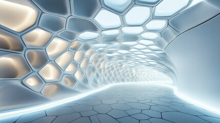 Obraz premium Futuristic tunnel with glowing hexagonal patterns modern architecture digital art high-tech environment aesthetic view