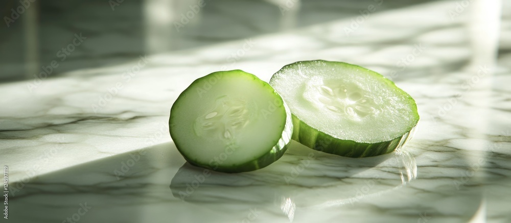 Poster Freshly sliced cucumber halves displayed on a polished marble surface with natural light highlighting their texture and color.