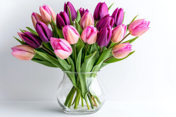 A vibrant bouquet of pink and purple tulips in a clear glass vase. isolated on white background.