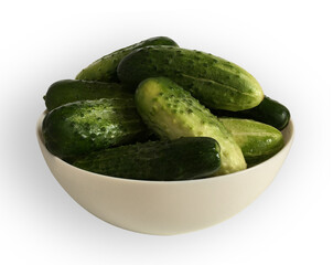 salad bowl with fresh cucumbers on white background