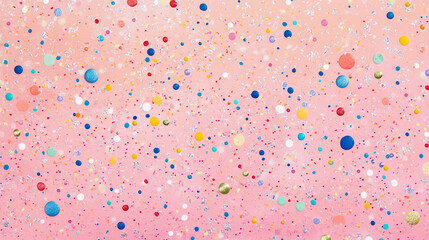 A vibrant and colorful abstract background with confetti-like circles in various colors scattered across a soft pink backdrop, creating a festive, joyful, and celebratory atmosphere.