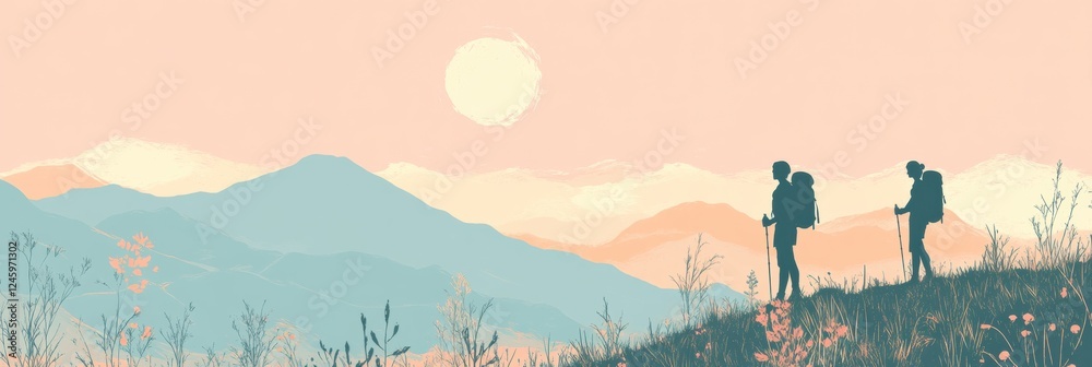 Aufkleber hiker stands on mountain ridge against sunset with open space for inspirational quotes or messages. 