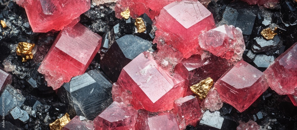Poster rhodochrosite and pyrite crystals texture close-up in black and white for background use
