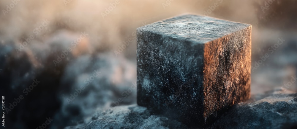 Leinwandbilder Stone textured cube on a blurred background showcasing natural patterns and colors in a serene atmospheric setting.