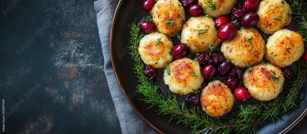 Poster crispy potato dumplings garnished with cranberries on dark plate with space for text showcasing deli