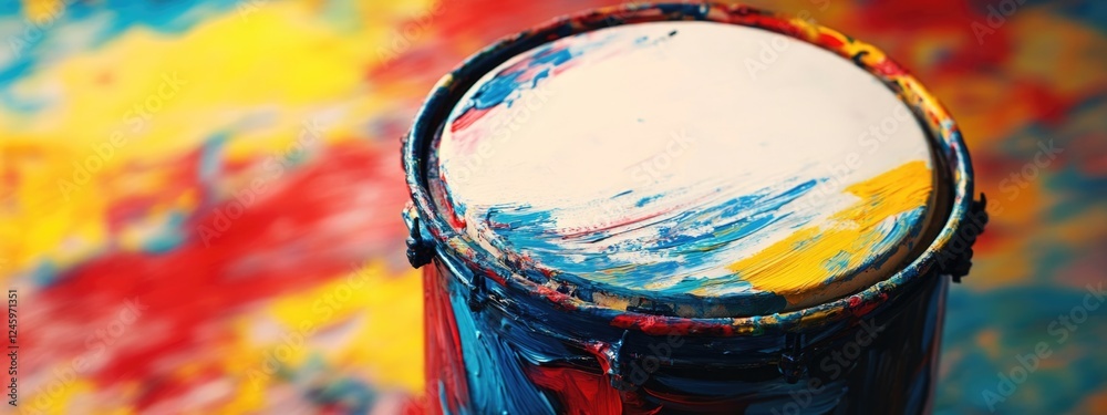  drum with mixed paint creating colorful abstract background and empty copy space for text