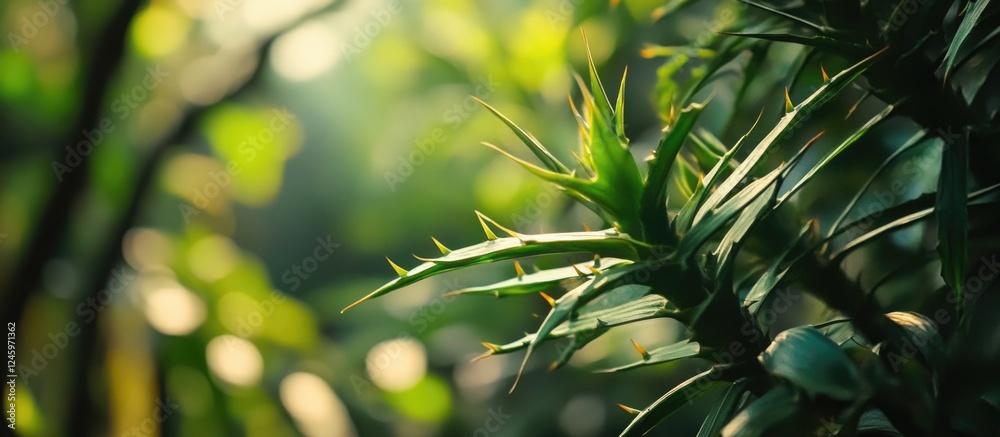 Wall mural dwarf palmetto plant with sharp thorns creating a tropical background with vibrant green hues and so