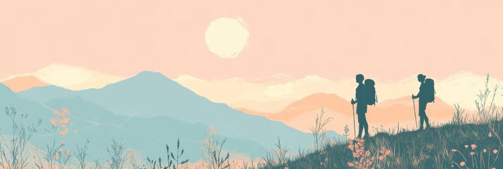 Hiker stands on mountain ridge against sunset with open space for inspirational quotes or messages. Generative AI