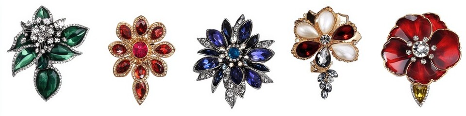 Fototapeta premium Five floral jeweled brooches on white