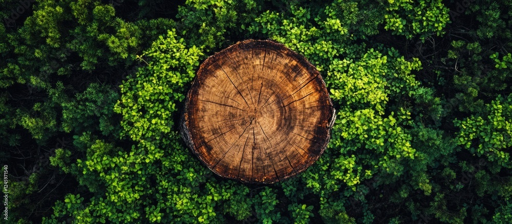 Aufkleber aerial view of a cut tree stump surrounded by lush green foliage in a natural forest setting