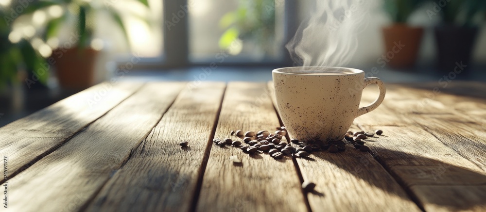 Poster steam rising from a coffee cup placed on a rustic wooden table with coffee beans and greenery in the
