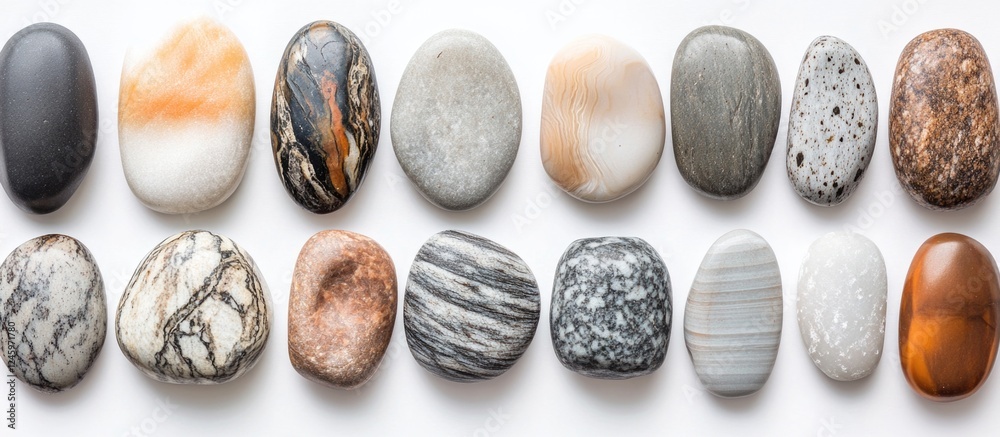 Poster assorted ocean stones arranged in a row showcasing unique textures and colors on a bright white back