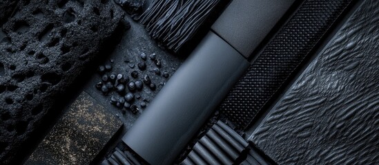 Textured black surface with varied materials and negative space for text placement in a modern design context