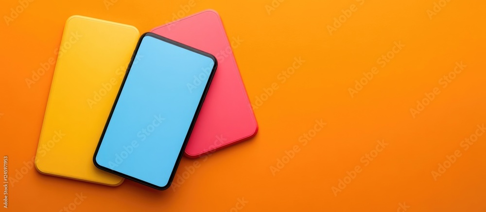Poster colored smartphones on vibrant orange background with empty space for text or graphics, ideal for di