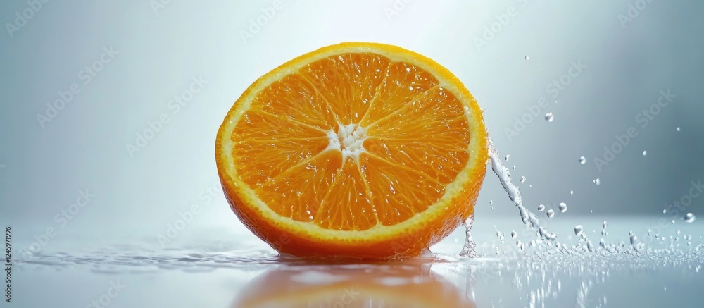 Poster freshly cut orange slice with vibrant color and water droplets on a clean white background showcasin
