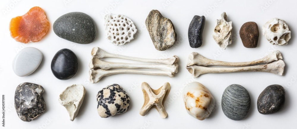 Poster natural sea finds including stones and bones arranged on a white background showcasing diverse textu