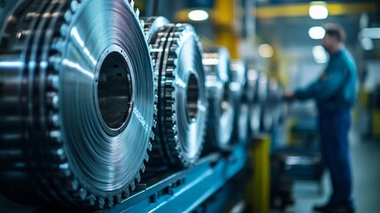 Fototapeta premium Amidst a vibrant industrial setting, skilled workers focus on handling large metal coils. The workshop buzzes with activity as machinery hums in the background, creating an atmosphere of productivity