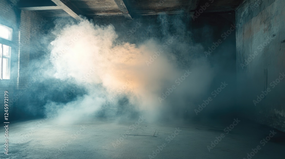 Poster dimly lit concrete room with smoke creating a mysterious atmosphere suitable for text overlay or cre