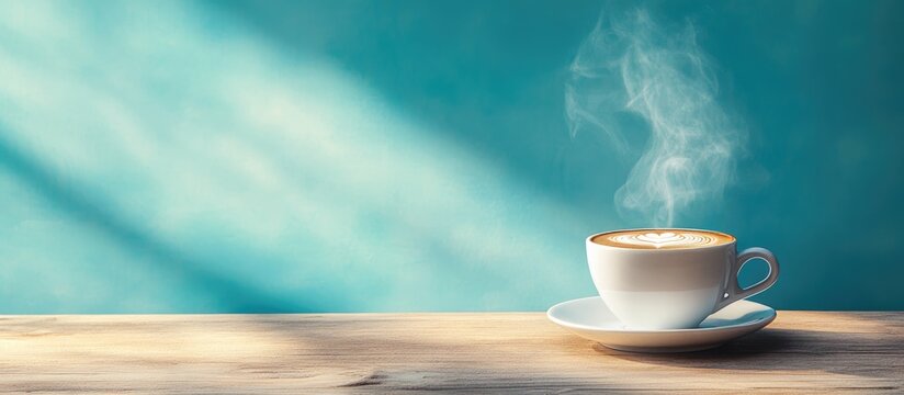Cappuccino cup with steam on wooden surface against vibrant blue background ideal for coffee-related themes and advertising copy space
