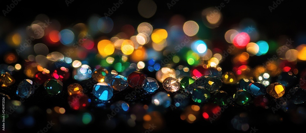 Poster Colorful Bokeh with sparkling gems on a dark background ideal for graphic design projects and creative visual themes.